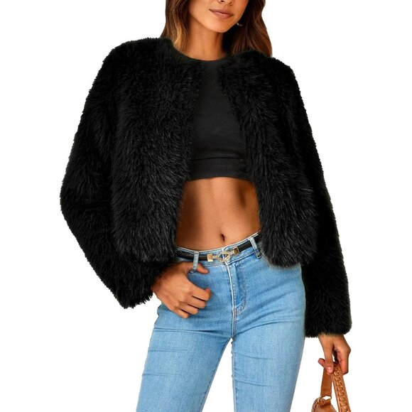 Women’s Black Winter Coats Fleece Cropped Jacket Faux Fur Warm Shaggy Outerwear - Picture 1 of 9